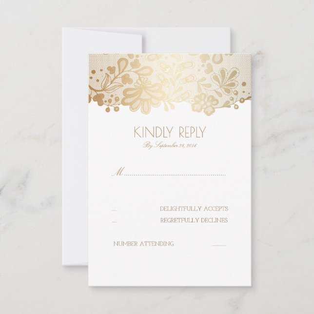 Cartes RSVP de mariage élégantes en dentelle d'or (Devant)