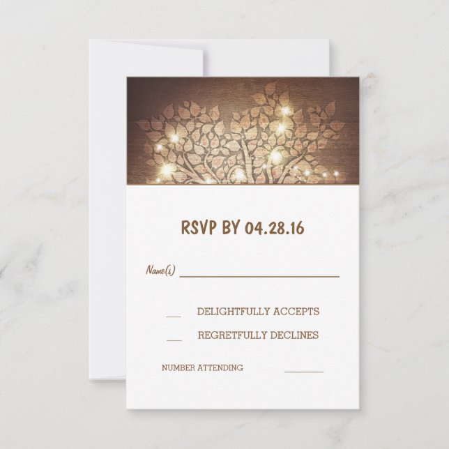 Cartes RSVP de mariage en bois rustique avec guirl (Devant)