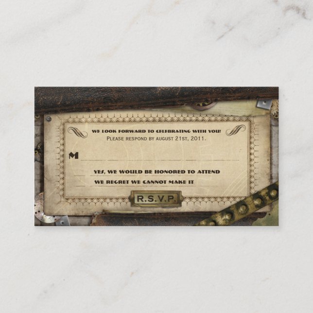 Cartes RSVP de mariage en cuir de Steampunk victor (Devant)