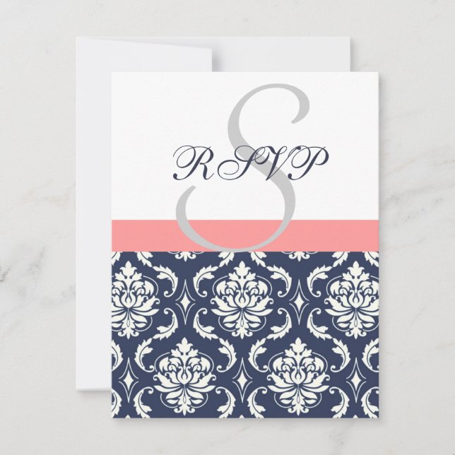 Cartes RSVP de mariage en damas bleu marine Corail (Devant)