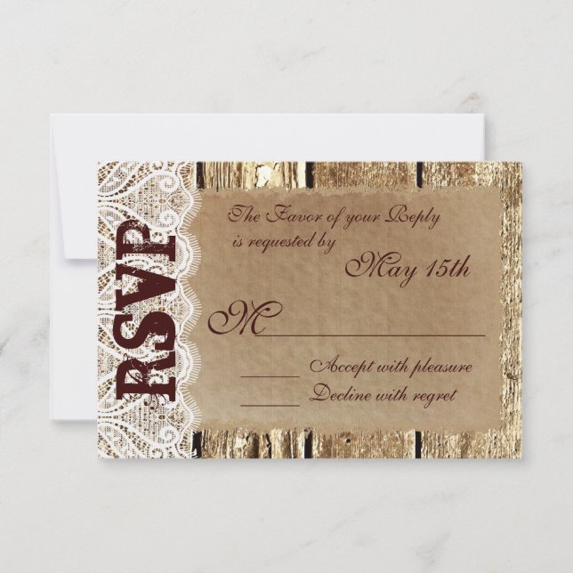Cartes RSVP de mariage en dentelle rustique (Devant)