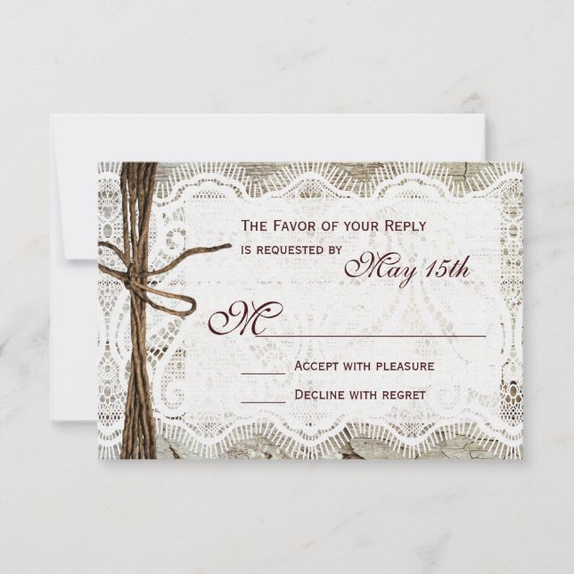 Cartes RSVP de mariage en dentelle rustique (Devant)