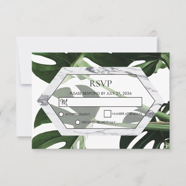 Cartes RSVP de mariage en marbre de Monstera tropi (Devant)
