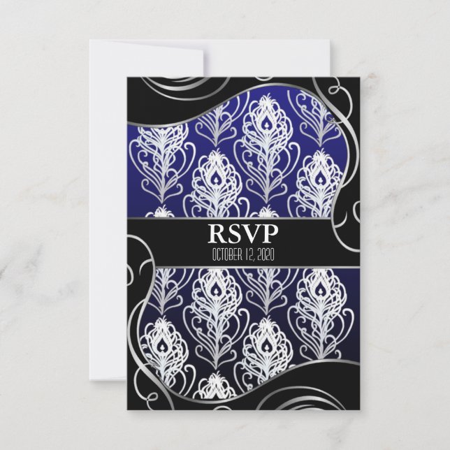Cartes RSVP de mariage en plumes Peacock noir et b (Devant)