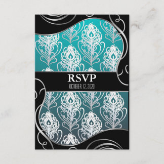 Cartes RSVP de mariage en plumes Peacock noir et b