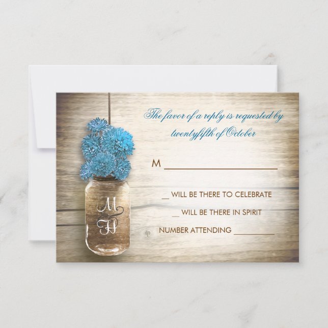 cartes RSVP de mariage en pot mason avec fleurs bl (Devant)