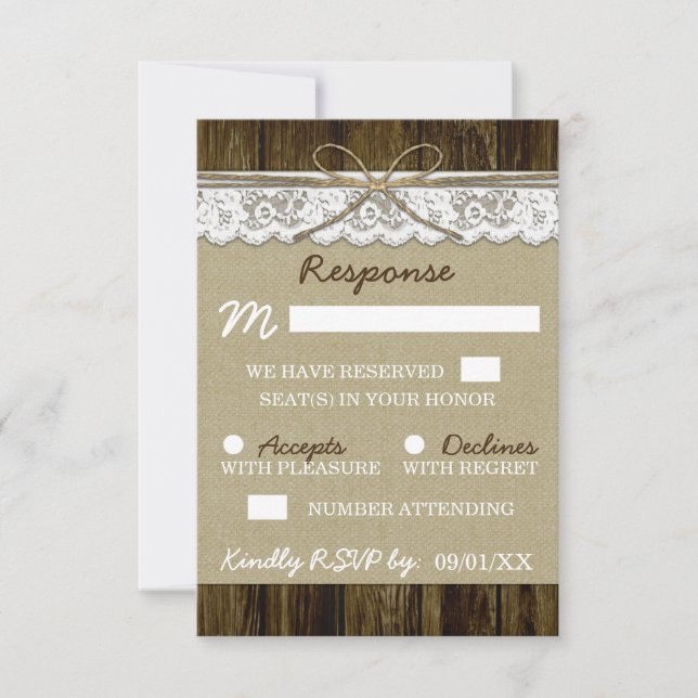 Cartes RSVP de mariage en toile de jute et dentell (Devant)