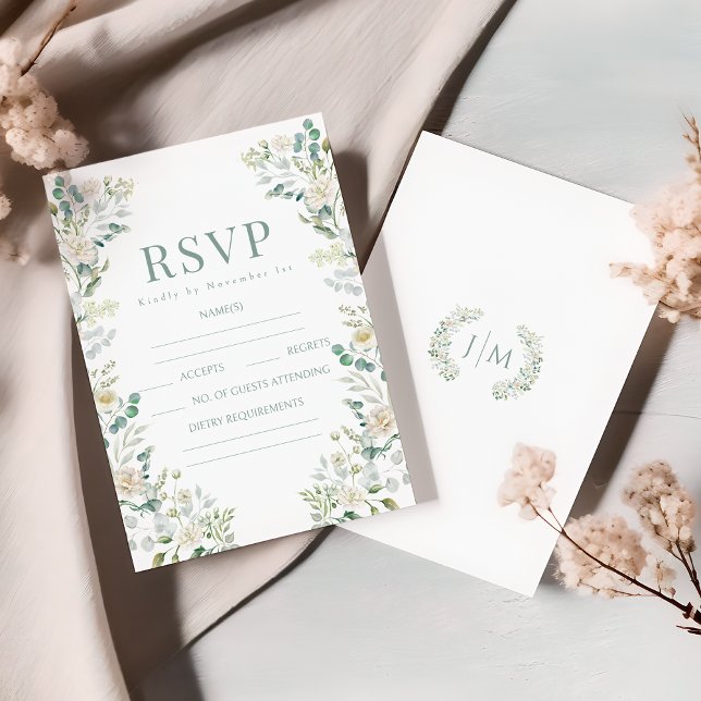 Cartes RSVP de mariage Eucalyptus Sage Roses Blanc (Créateur téléchargé)