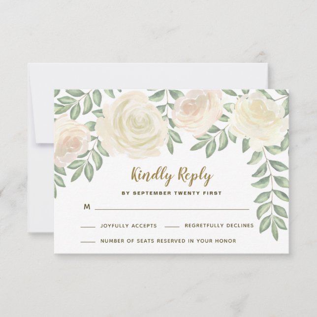 Cartes RSVP de mariage floral champagne rose ivoir (Devant)