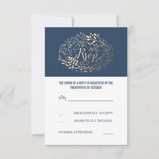 Cartes RSVP de mariage Floral Marine et Or (Devant)