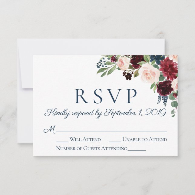 Cartes RSVP de mariage Floral Rustic Navy et Marsa (Devant)