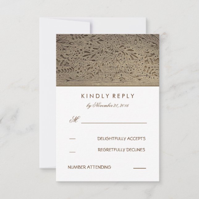 Cartes RSVP de mariage floral rustique en bois gra (Devant)