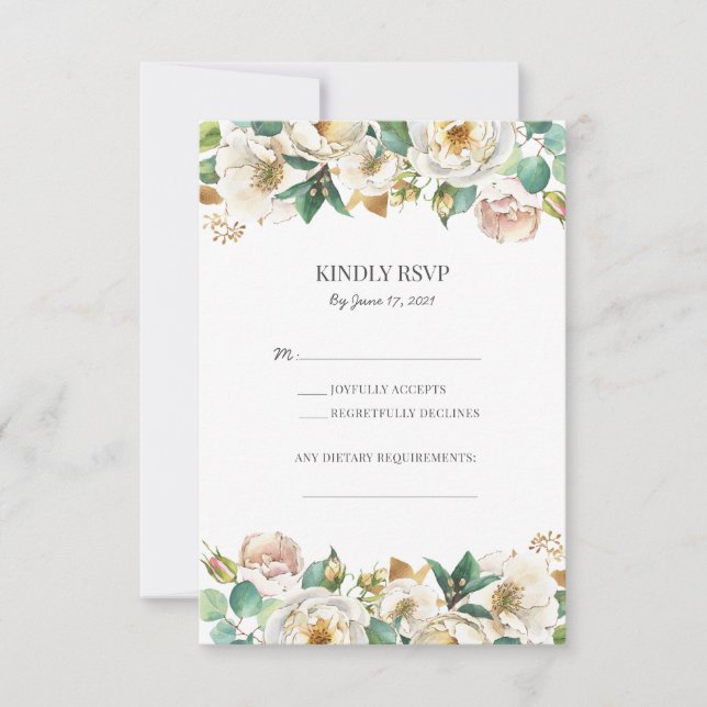 Cartes RSVP de mariage floral vert et or (Devant)