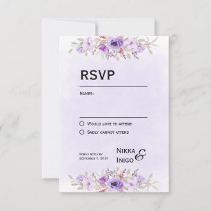 Cartes RSVP de mariage floral violet élégant