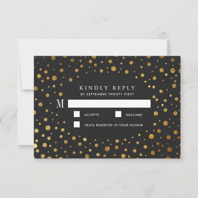 Cartes RSVP de mariage Gold et Noir Confetti Foil (Devant)