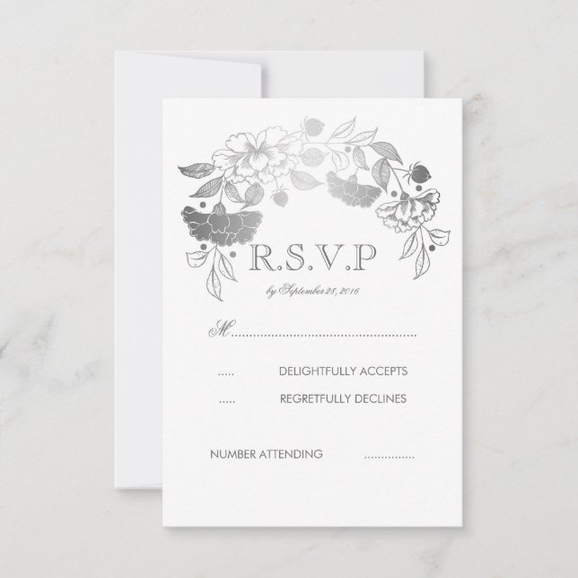 Cartes RSVP de mariage Laurel de Peonies d'argent  (Devant)