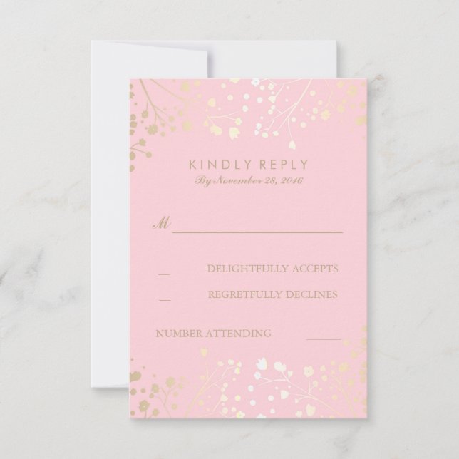 Cartes RSVP de mariage pour bébé rose et or (Devant)