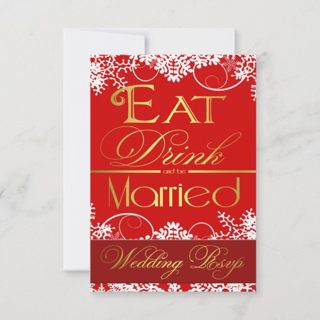 Cartes RSVP de mariage Red White & Gold Snowflake (Devant)