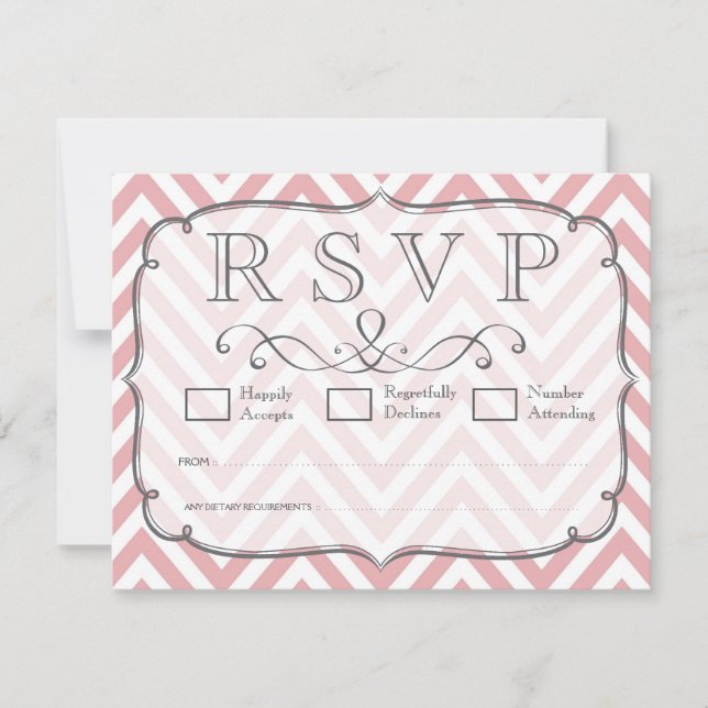 Cartes RSVP de mariage rose et blanc Chevron (Devant)