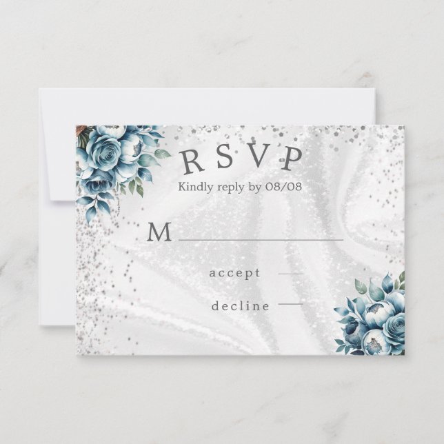 Cartes RSVP de mariage Roses en argent bleu Dusty (Devant)