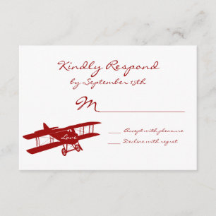 Cartes RSVP de Mariage Rouge Aviateur Biplane vint