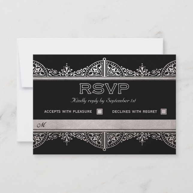 Cartes RSVP de Mariage Royal Art Déco - Argent (Devant)