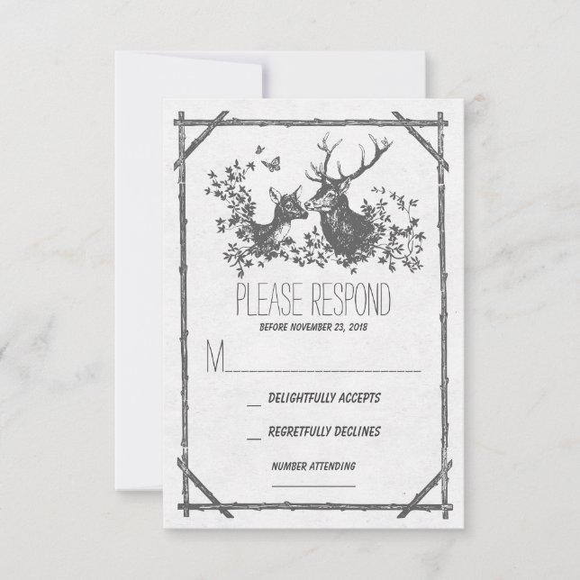 Cartes RSVP de mariage rustique de cerfs gris (Devant)