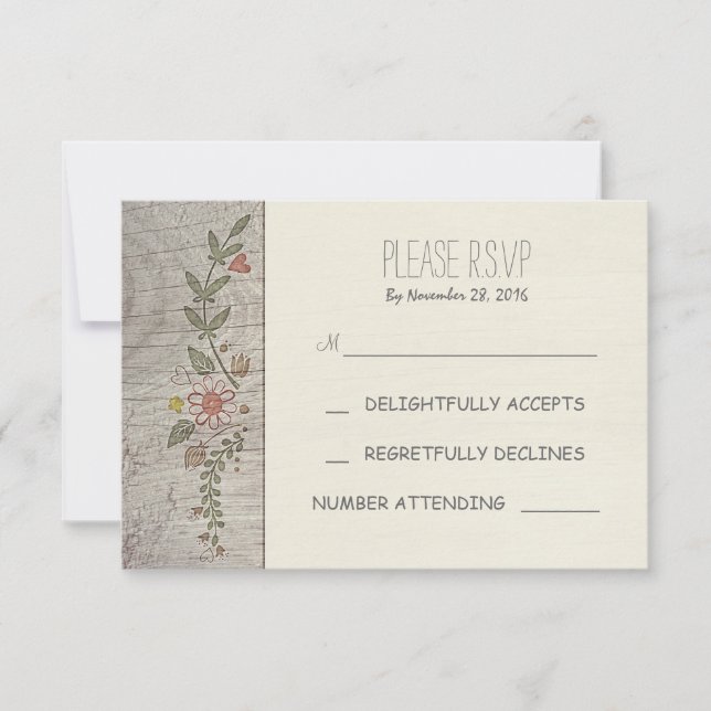 cartes RSVP de mariage rustique en bois fleuri (Devant)