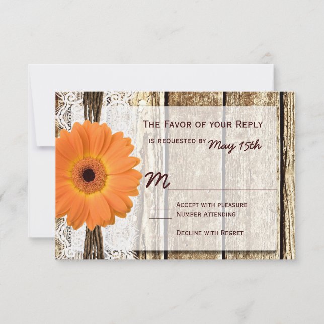 Cartes RSVP de mariage rustique en bois orange (Devant)