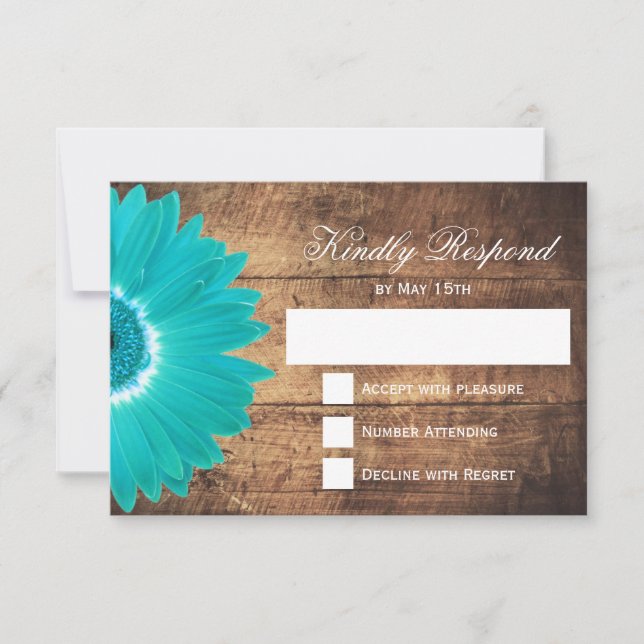 Cartes RSVP de mariage rustique en bois turquoise (Devant)