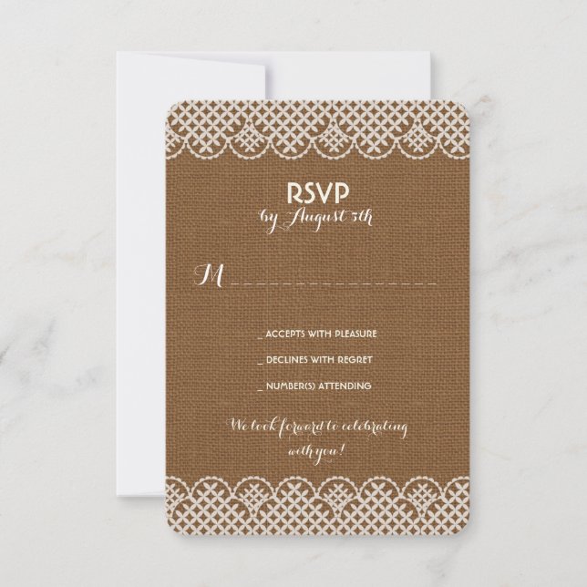 Cartes RSVP de mariage rustique en jute dentelle (Devant)