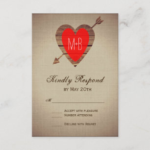 Cartes RSVP de mariage Rustique rouge coeur