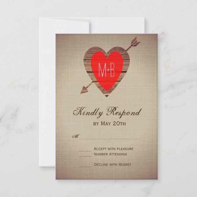 Cartes RSVP de mariage Rustique rouge coeur (Devant)