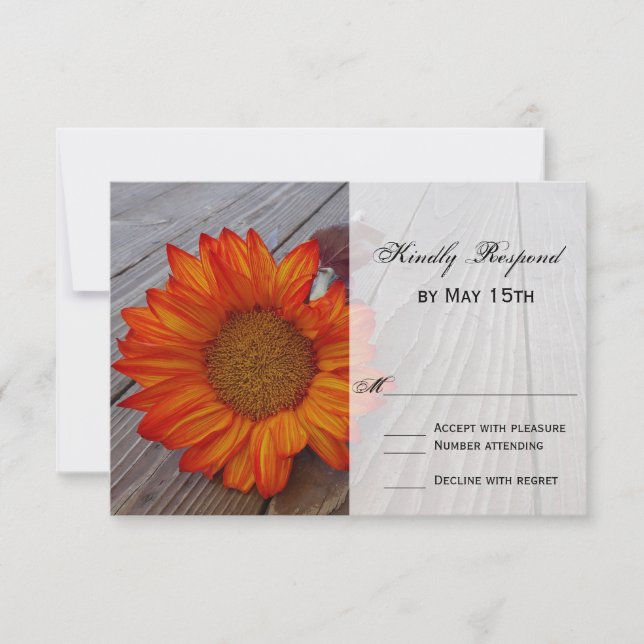 Cartes RSVP de mariage rustique rouge tournesol ro (Devant)