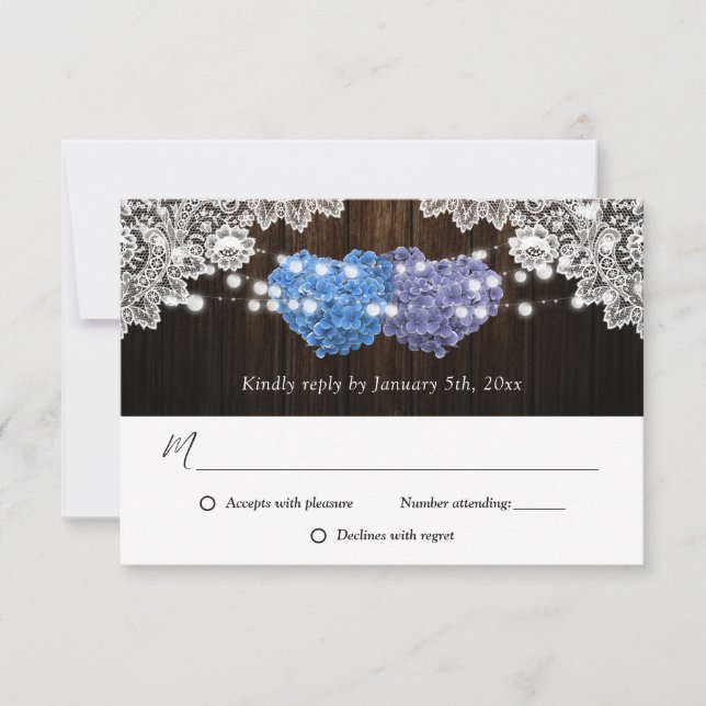 Cartes RSVP de mariage rustique violet et bleu flo (Devant)