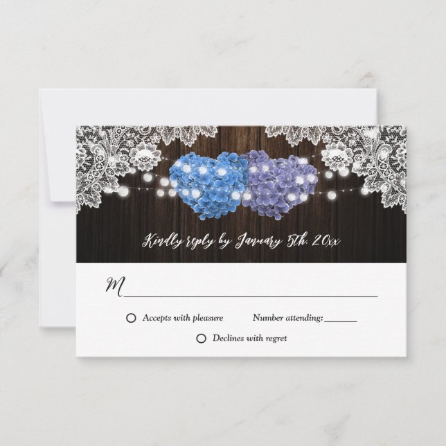 Cartes RSVP de mariage rustique violet et bleu flo (Devant)
