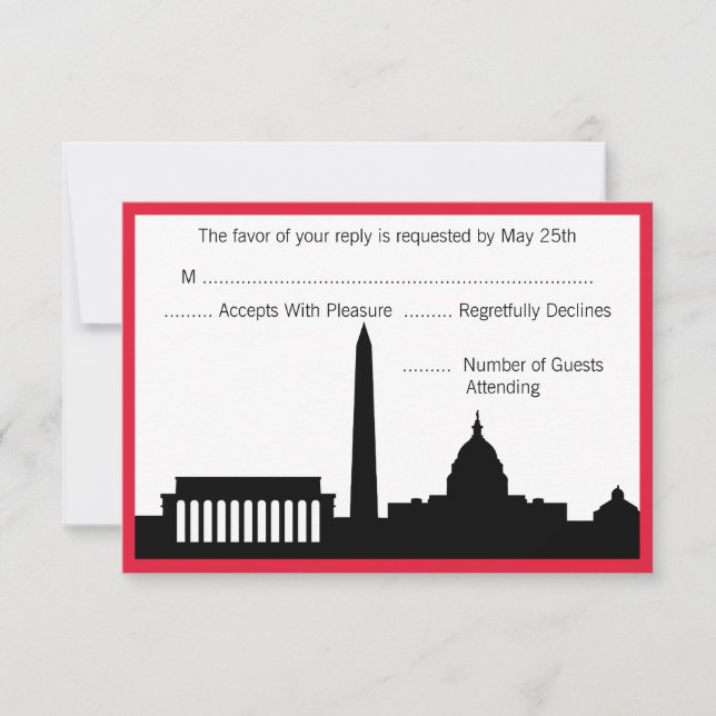 Cartes RSVP de mariage Skyline DC - Rouge (Devant)