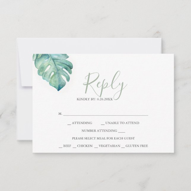 Cartes RSVP de Mariage Tropical Aquarelle Vert (Devant)