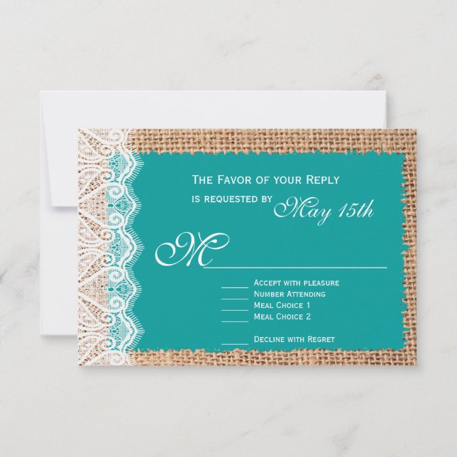 Cartes RSVP de mariage Turquoise en dentelle de Bu (Devant)