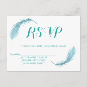 Cartes RSVP de mariage turquoise en plumes