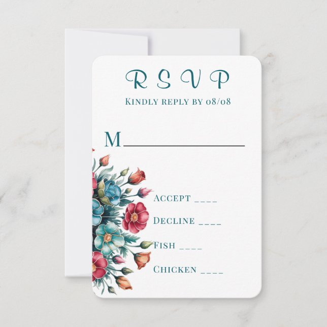 Cartes RSVP de mariage turquoise orange rouge pivo (Devant)