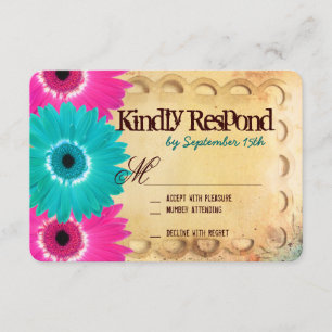 Cartes RSVP de mariage Turquoise rose chaud rustiq