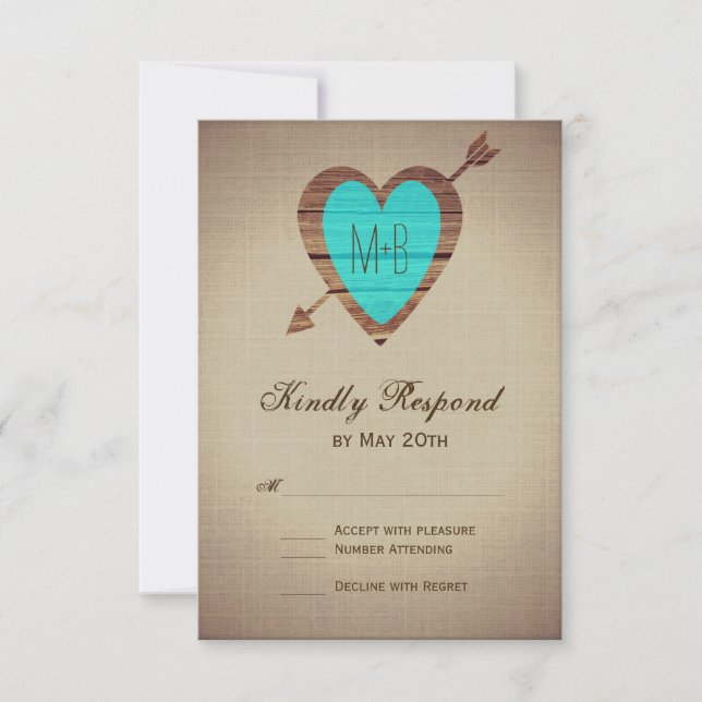 Cartes RSVP de mariage Turquoise Rustique (Devant)