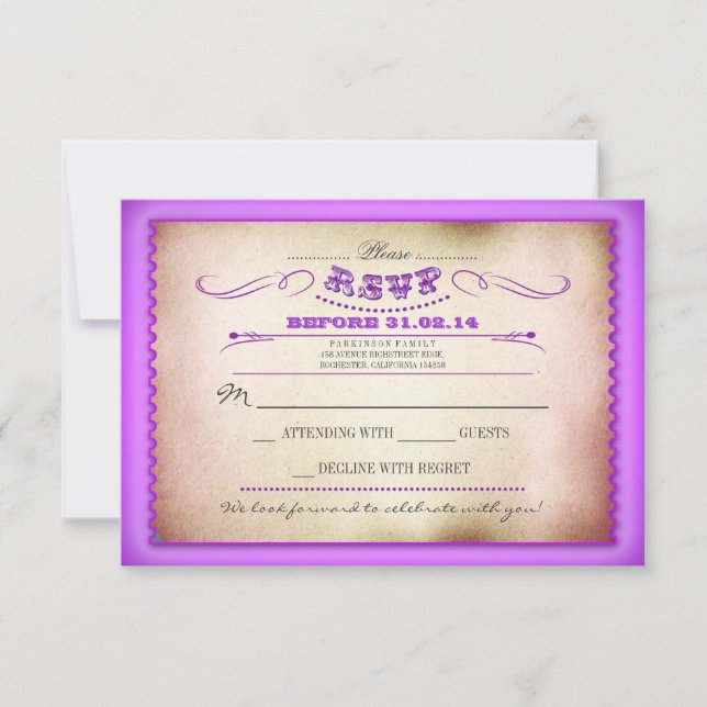 Cartes RSVP de mariage vintage violet - billets (Devant)