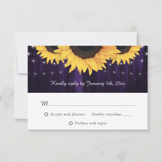 Cartes RSVP de mariage violet de tournesol en bois (Devant)
