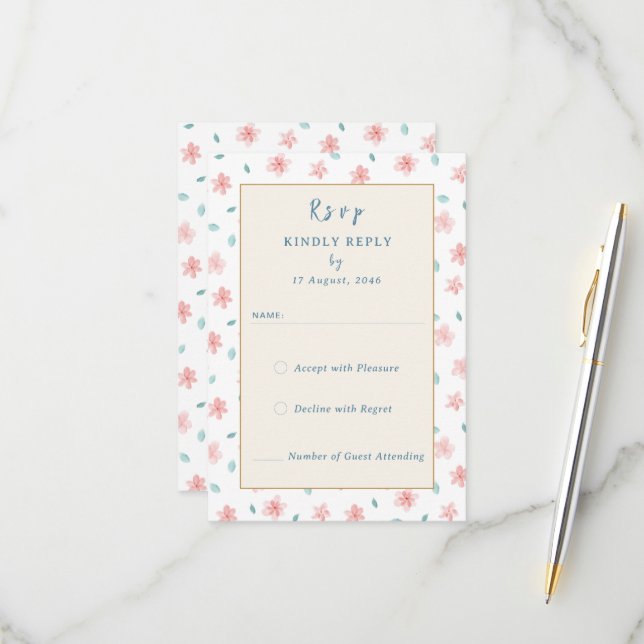 Cartes RSVP de petite faire-part de mariage rose (Devant/Arrière en situation)