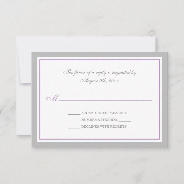 Cartes RSVP de réception de mariage gris et violet (Devant)