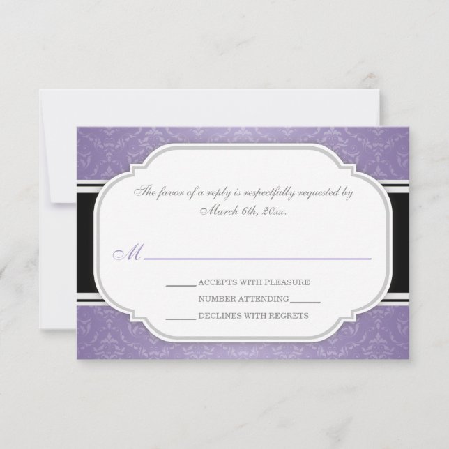 Cartes RSVP de réception Mariage damassé gris et v (Devant)