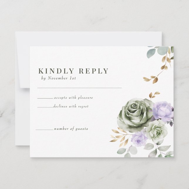 Cartes RSVP de réponse Mariage vert pourpre (Devant)