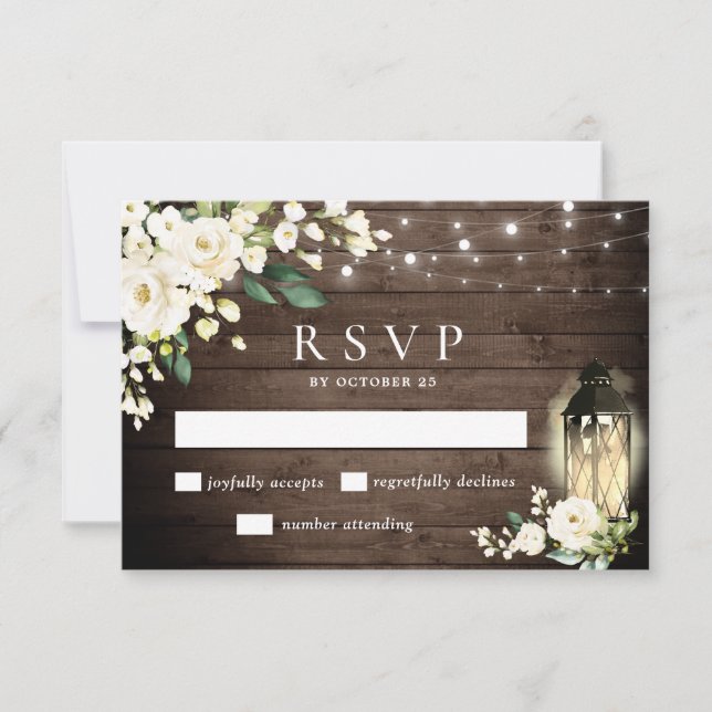 Cartes RSVP en bois et roses blanches (Devant)